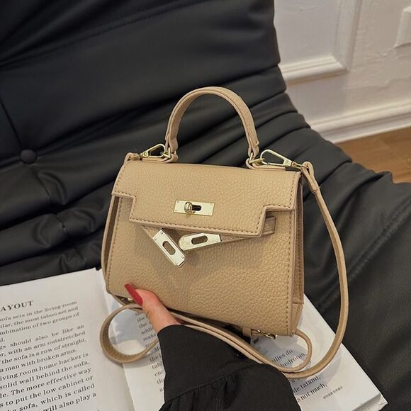 Designer Inspired Kelly Tan Textured Square Crossbody Handbag - Picture 4 of 11